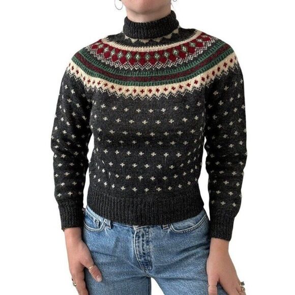 Vintage 1950s Womens Hand Knit 100% Wool Norwegian Fair Isle Sweater XS - Picture 1 of 8